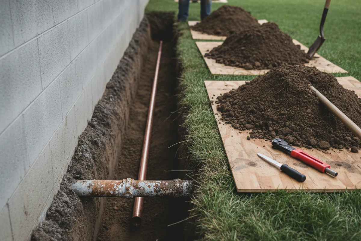 Excavated water line trench during Water Heater Repair in Rollinsford